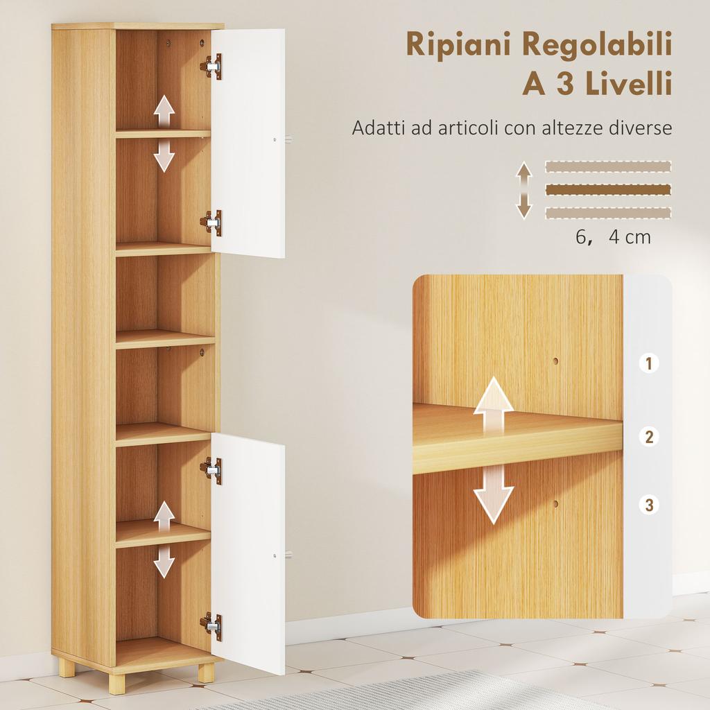 Bathroom Column with 2 Cabinets and Open Shelves. 30x30x166cm. White and Wood