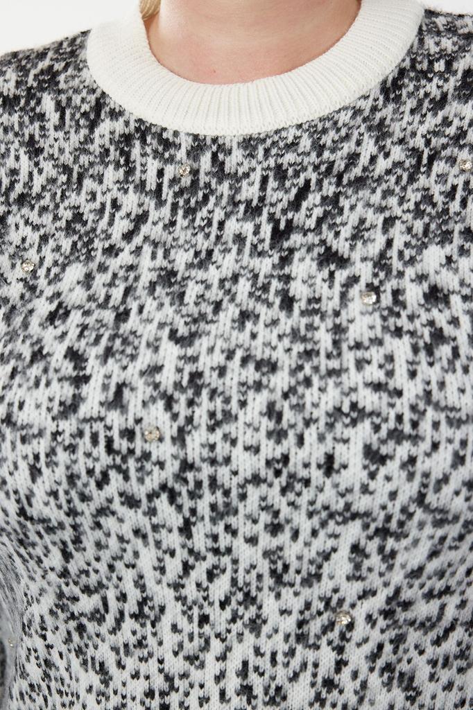 Women's Fashionable Stylish Plus Size Sweater Gray Melange Stoned Knitwear Sweater