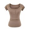 U-neck button-down short-sleeved T-shirt women's summer new American Spice Girl style solid color slim-fitting and thin bottoming shirt top