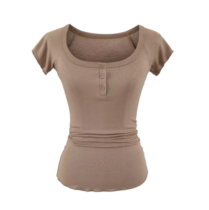U-neck button-down short-sleeved T-shirt women's summer new American Spice Girl style solid color slim-fitting and thin bottoming shirt top
