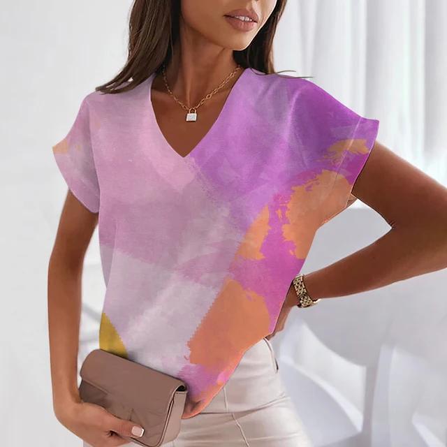 Летние женские футболки с геометрическим узором и V-образным вырезом, сексуальные топы с коротким рукавом, модная футболка с принтом, футболка Harajuku, женская одежда больших размеров