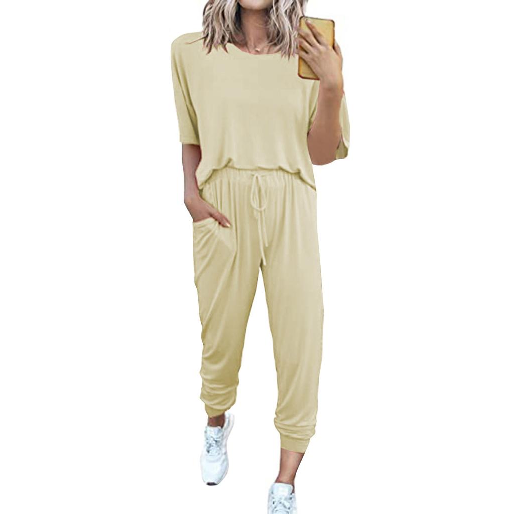 Женский свободный пуловер с круглым вырезом, повседневный модный костюм с короткими рукавами и длинными брюками