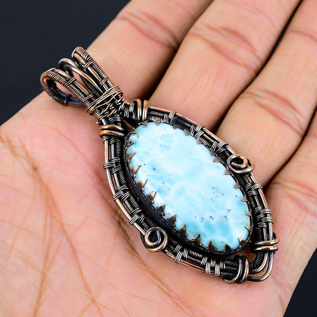 Причудливый кулон драгоценного камня Ларимар чистая медная проволока обернутая ювелирные изделия ручной работы для подарка