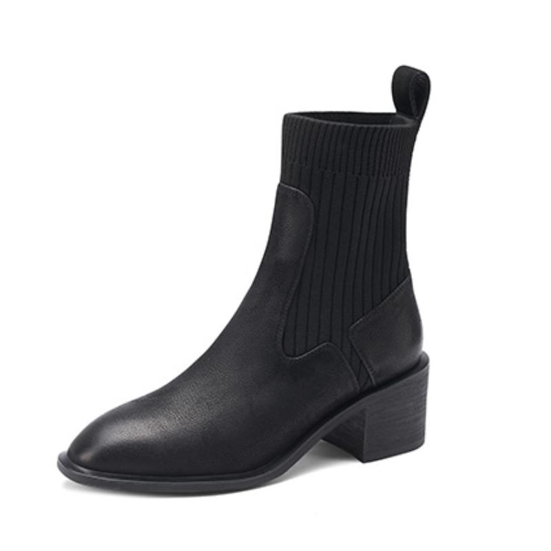 Женские ботильоны из коровьей кожи, вязаные ботинки с верхом, винтажные короткие сапоги на толстом каблуке