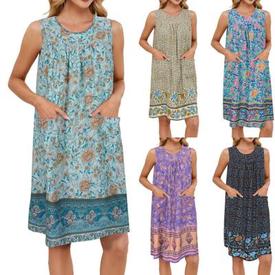 Женское повседневное модное сексуальное платье с круглым вырезом без рукавов с цветочным принтом