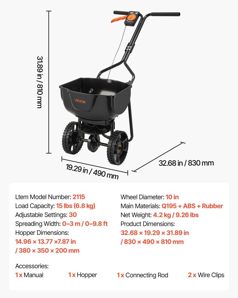 Push Lawn Spreader, 3m Spreading Width, Broadcast Spreader with 59kg Load Capacity & 10 in All-Terrain Tires, Walk-Behind Garden & Lawn Broadcast