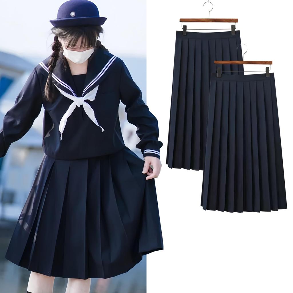 Uniform Skirt Plain Navy Black Length Pleated Skirt Long School Skirt High School Girl Cosplay Pleated Skirt JK Sailor Suit Skirt Uniform Skirt Navy