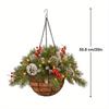 Christmas Hanging Basket Garland with White LED Light Red Berries Pine Cones Snow for Door Window Home Decoration Xmas Gift