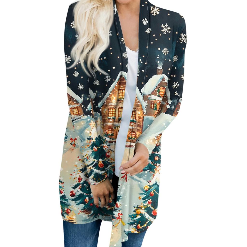 Женская мода повседневная куртка-кардиган средней длины с принтом рождественской елки