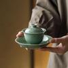 Guanlan Yue Celadon Ceramic Non-Scalding Gongfu Tea Bowl Set - Three-Piece Lid Bowl with Shadow Carving