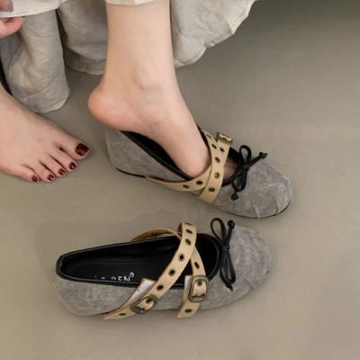 Модные женские балетки 2025 Высококачественные джинсовые Мэри Джейн Модный бант Перекрестная шнуровка Пряжка Дизайнерские балетки Удобная мягкая подошва Женская обувь