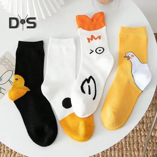 1 Pair Couple Winter Cartoon Socks Goose Duck Printing Mid-tube High Elasticity Wrapping Anti-slip Socks Comfort Warmth Sleeping Socks