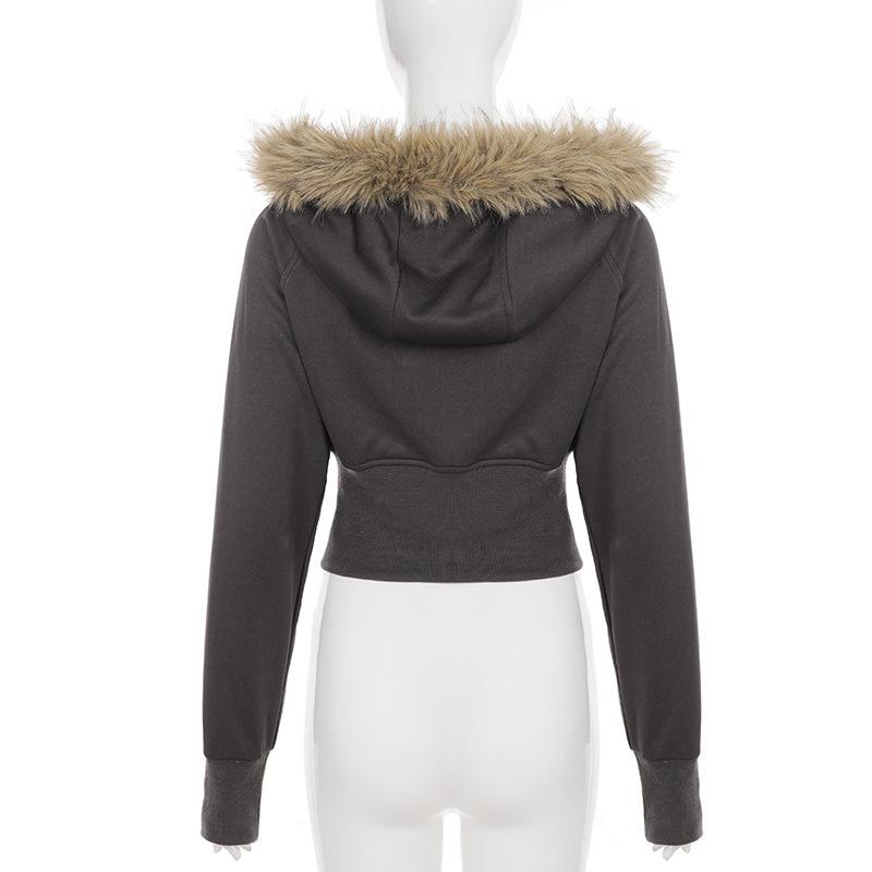 VAYLA Куртка укороченная приталенная с капюшоном и отделкой из искусственного меха Y2K с длинными рукавами и застежкой-молнией, уличный стиль, повседневная, осенне-зимняя одежда