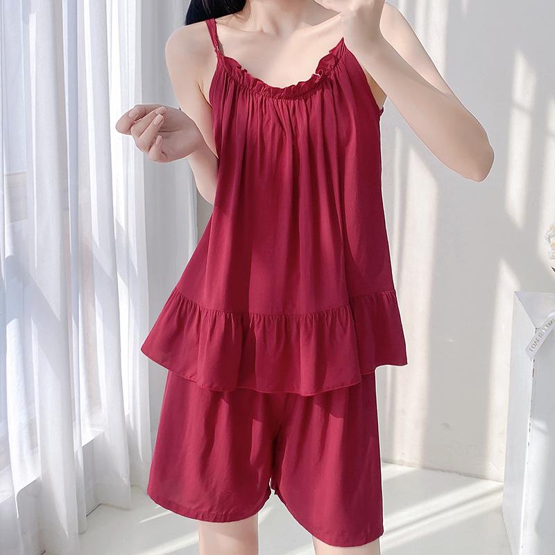 Suspender shorts pajamas women's simple solid color Internet celebrities ins wind cotton silk spring and summer new Korean version loungewear thin