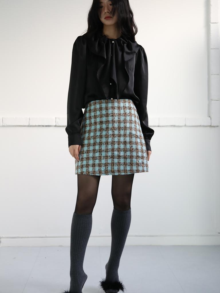Sorry, Too Much Love Gingham Tweed A Line Skirt_Blue