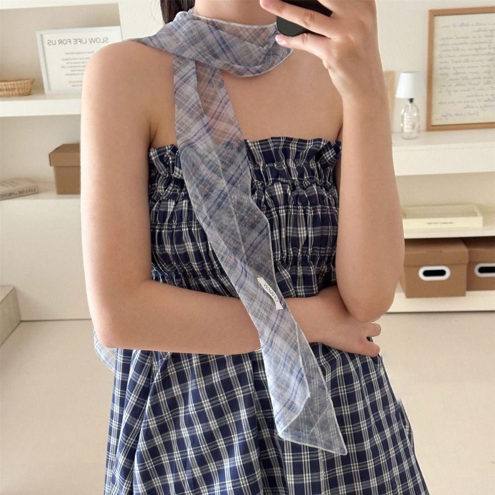 Bow Ties Plaid Pattern Long Silk Scarf Cravat Printed Flower Scarf Wrap Hair Band Long Ribbon Scarves Neckerchief Decoration