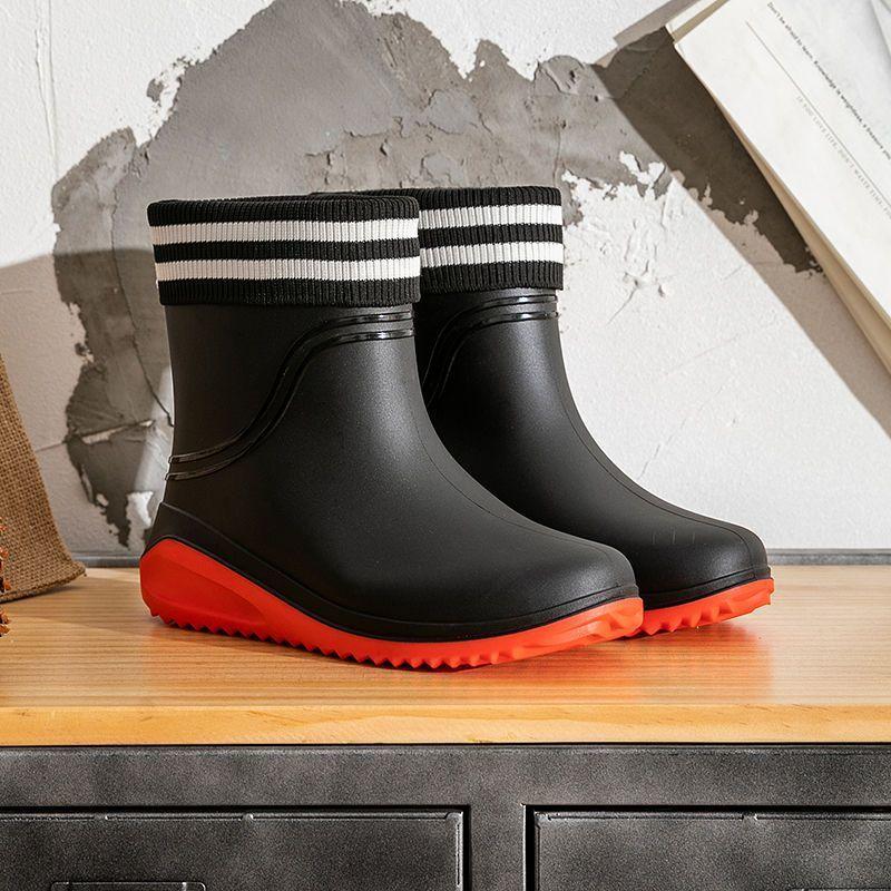 Men's Comfortable Mid-Calf Waterproof Rain Boots Fleece Lined Non-Slip Fishing Kitchen Work Rubber Shoes