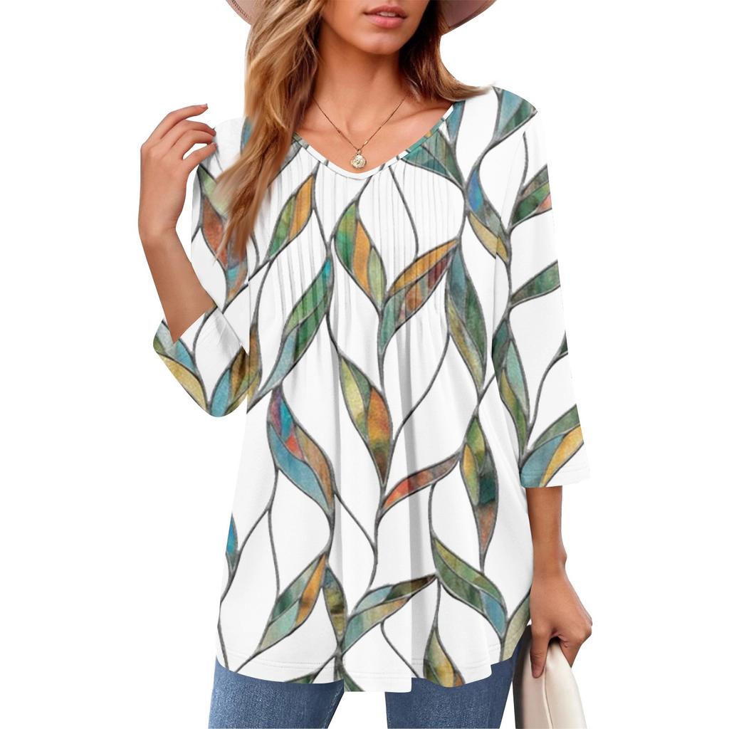 Женские топы с V-образным вырезом и рукавом три четверти в полоску, плиссированные, повседневные, летние, модные, рубашки