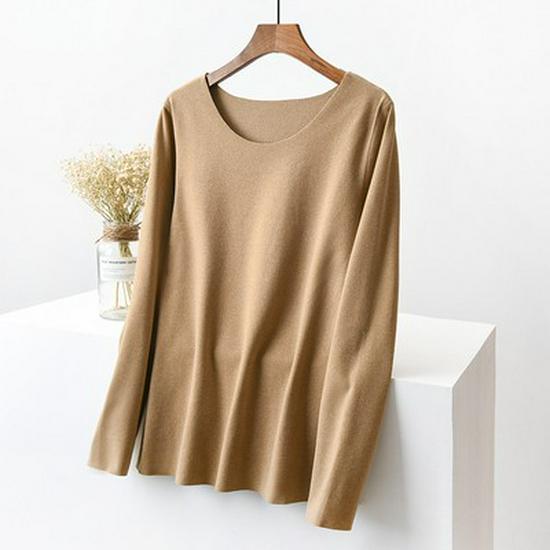 Женская немецкая бархатная терморубашка с длинным рукавом и зауженным кроем — бесшовная, с круглым вырезом, с утолщенным бархатом для осени и зимы