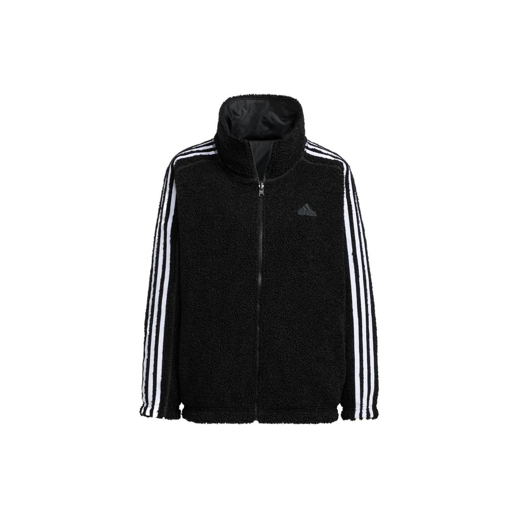 adidas Женская флисовая куртка Metrovboa в полоску с вышитым логотипом на молнии и воротником-стойкой, черная HM7114