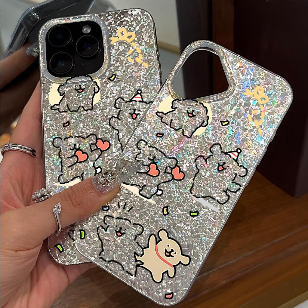 Веселая вечеринка щенков Чехол для iphone 15 Air 16 Plus XR 18 Pro Max 17 Pro 11 14 12 XS Max 13 Серебристый Блеск Трескающийся Фон
