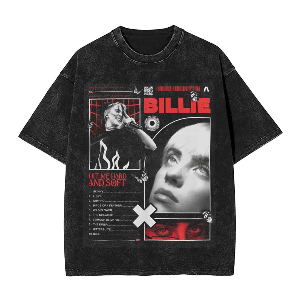 Singer BBillieGirl Eeilish Music Vintage Washed T Shirt Unisex Cotton Clothes Printed Round Neck Short Sleeve