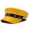 PU Leather Baker Boy Cap Metal Chain Decor Flat Top Cap Vintage Beret Hat  Daily Wear
