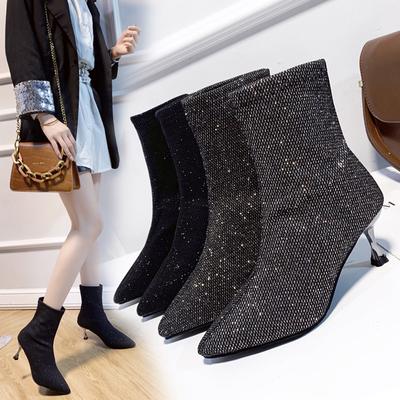 Женские сапоги на высоком каблуке-шпильке, ботильоны из эластичной ткани с острым носком, однотонные модные сапоги больших размеров, удобные шикарные туфли для женщин