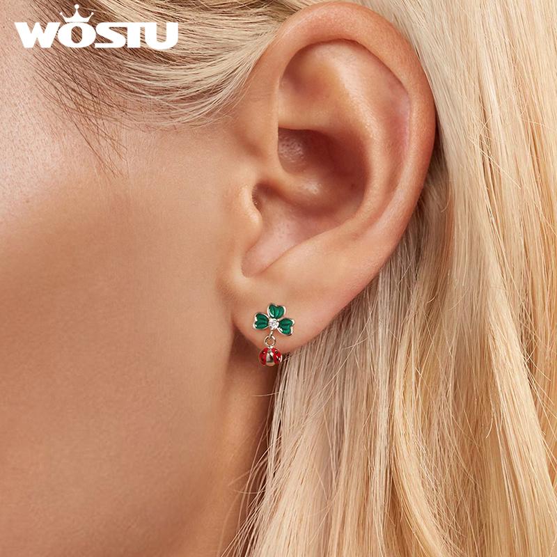 WOSTU 925 Sterling Silver Lucky Green Clover Ladybug Stud Earrings Open Ring Pendant Necklace Valentine's Jewelry Set Girl Gift