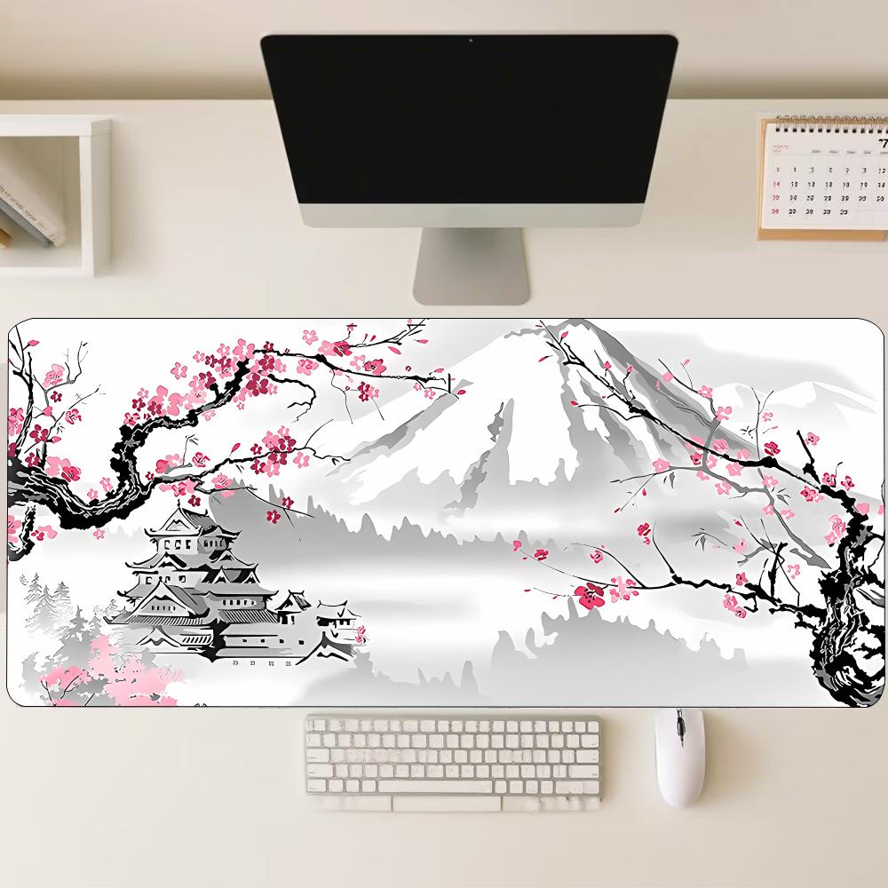 Ink Wash Plum Blossom Large Mouse Pad Non Slip Rubber Desk Mat Stitched Edge For Computer Laptop Home Office Gaming Workspace