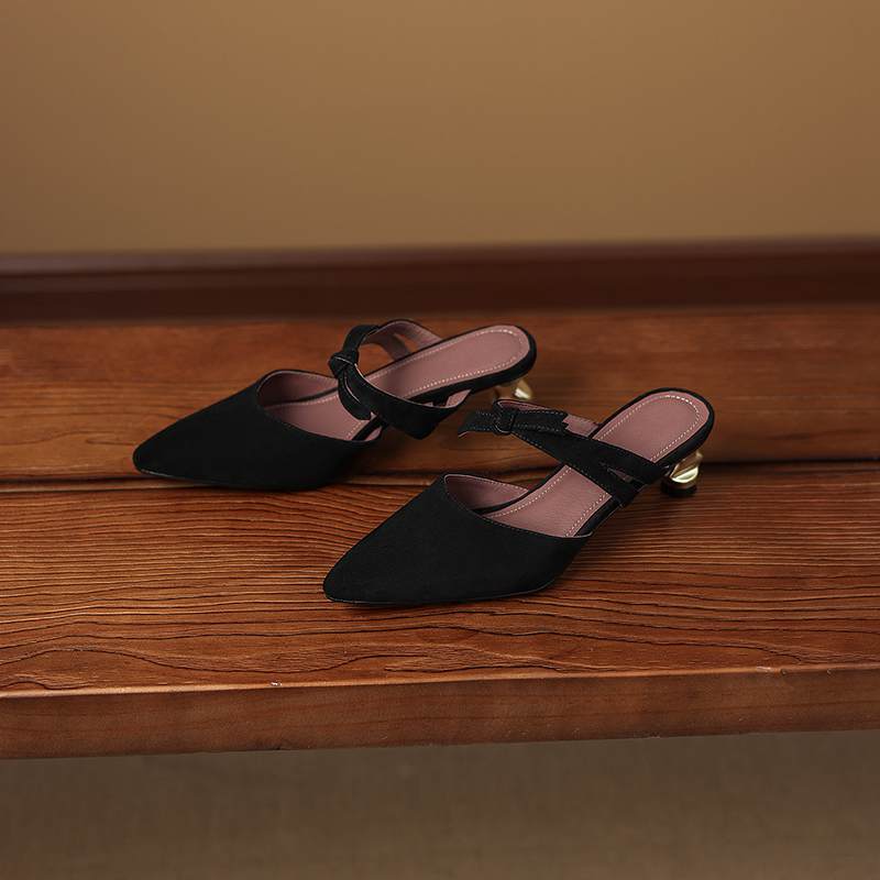 Krazing Pot Suede Butterfly-knot Mules Strange Style Med Heels Summer Size 42 Pointed Toe Slip on Women Shallow Pumps