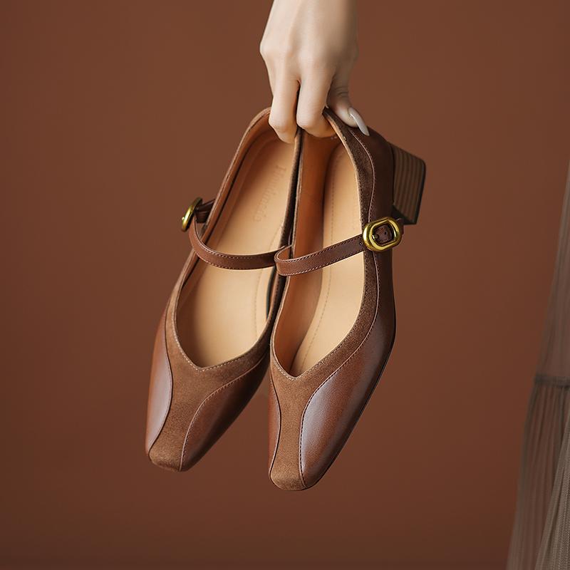 Модная женская обувь Туфли Натуральная кожа Ремешок с пряжкой Толстый средний каблук Обувь Ин Весна 2025 Весна Новинка Винтаж Офисное платье Размер 34-40
