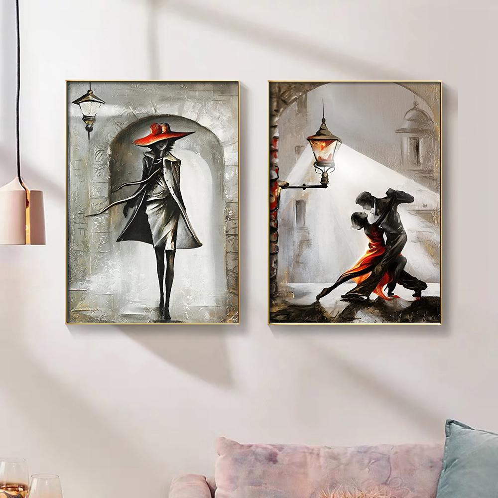 Золотая пара с зонтиком, городской пейзаж, холст, живопись, постеры, принт, абстрактные романтические настенные художественные фотографии для комнаты, домашний декор