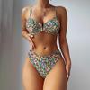 Swimsuit Women's Split Two Piece Set High Waist Sleeveless Ins Overshirt Drawstring Printed Bikini Suits