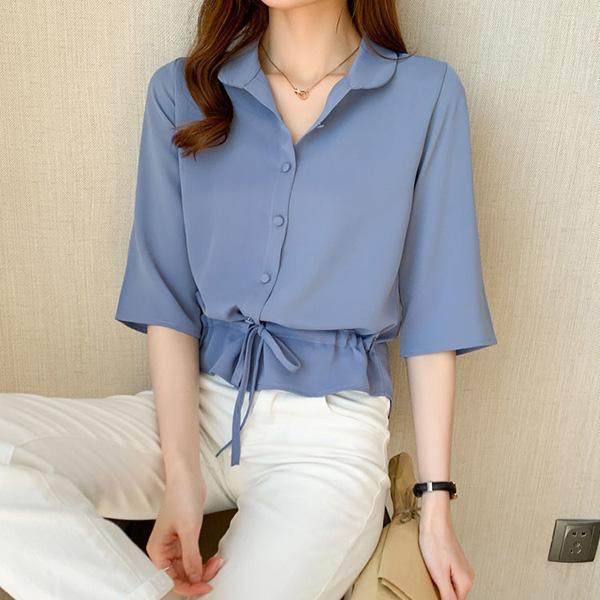 WTEMPO Spring Summer Women's Versatile Solid Color Turn-down Collar Half Sleeve Chiffon Shirts Casual Shirring Single-breasted Blouses