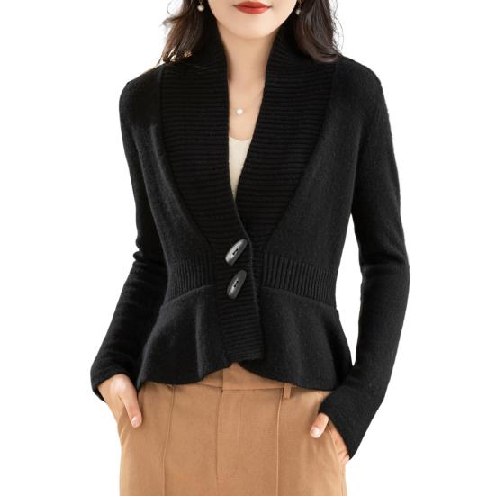 Women Sweater Coat V-Neck Long Sleeve Ruffle Hem Knitting Sweater Solid Color Slim Fit Waist Tight