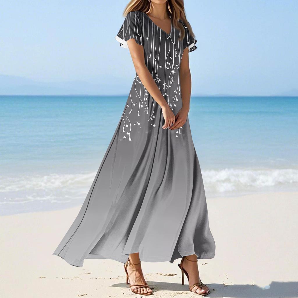 Женские повседневные модные длинные платья с принтом, платья с V-образным вырезом и коротким рукавом