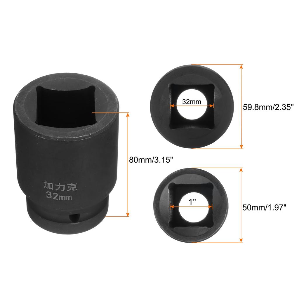 uxcell 2pcs Square 32mm Metric Square Impact Blackening Standard Wheel Air Tool for Automotive Machine and Home Use 4-Point Socket, 1" Drive, Socket,