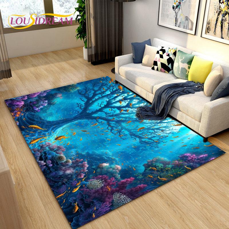 Подводный мир Морское дно Рыба Дельфин Коврик Большой, Коврик для гостиной Спальня Диван Коврик Кухня, Нескользящий напольный коврик