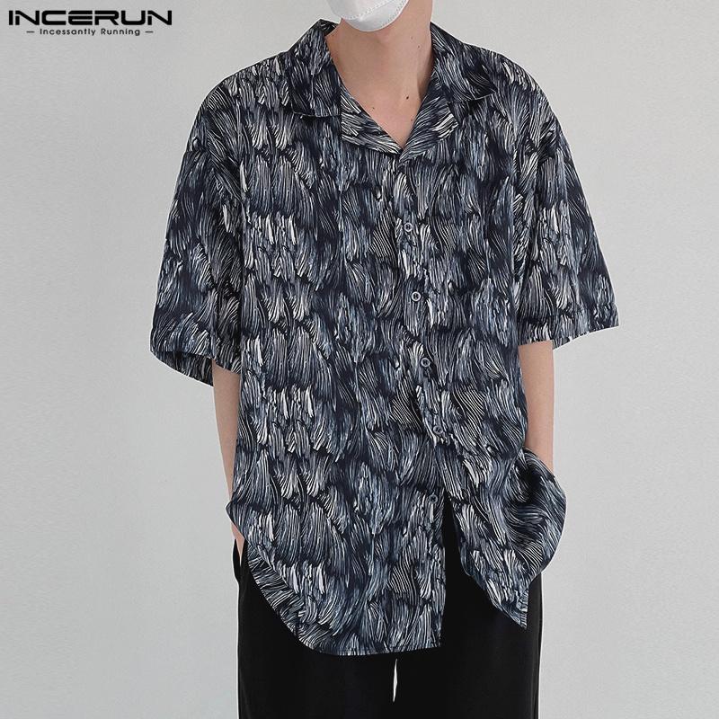 INCERUN Летние свободные мужские рубашки с воротником-лацканом и коротким рукавом с принтом
