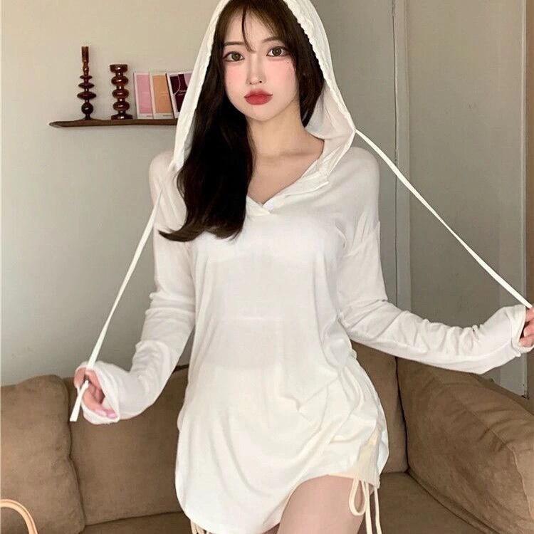 Ins Тонкая свободная футболка с длинными рукавами и капюшоном, дизайн интернет-знаменитостей, высокая талия, пуговицы на шнуровке