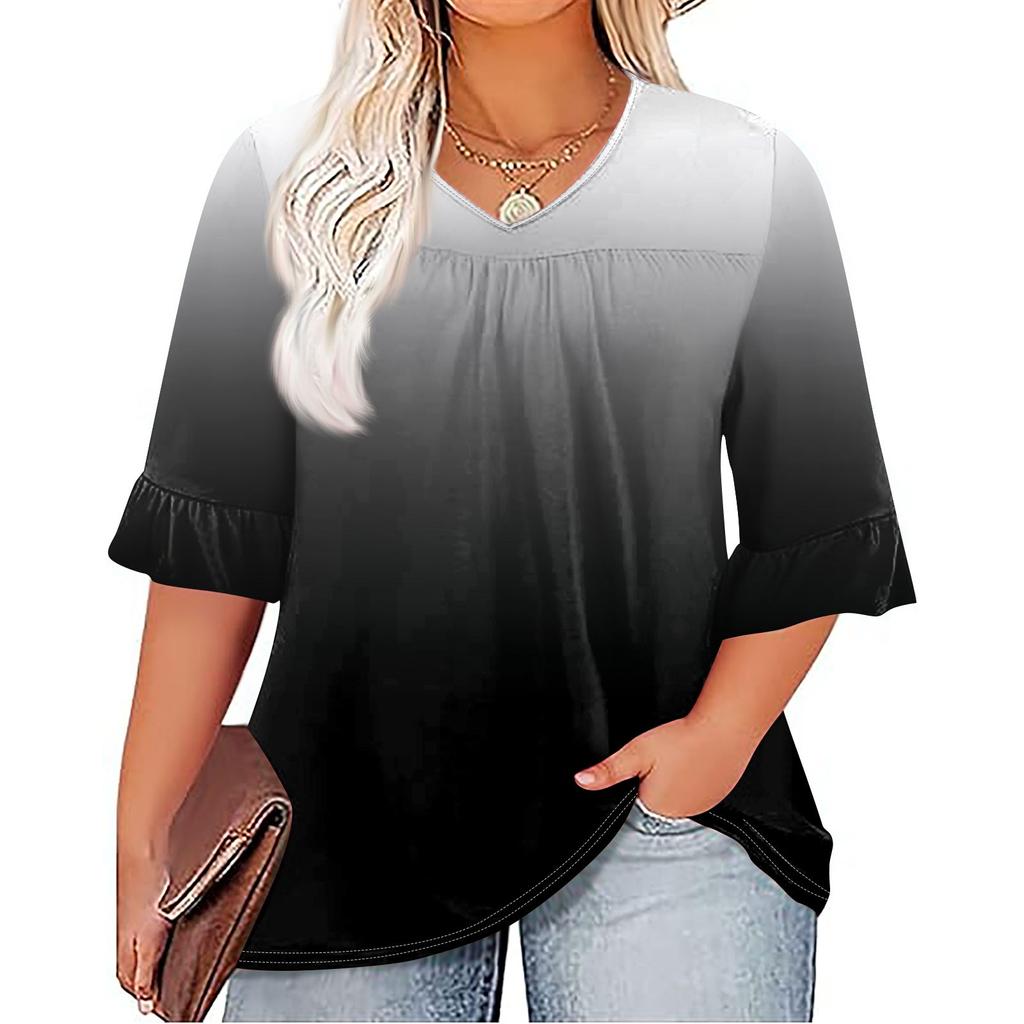 Женская мода, повседневная плиссированная футболка с v-образным вырезом и принтом, семиминутная футболка с рюшами и рукавами, топы больших размеров