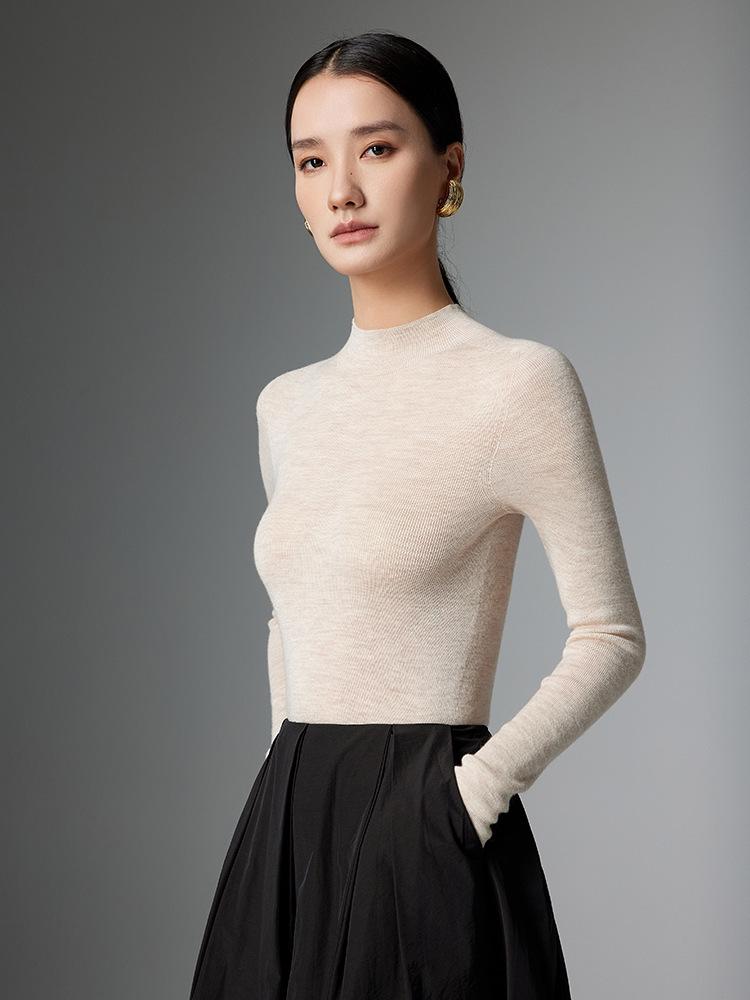 Women's 100% Fine Spun Wool Seamless Sweater, Half-High Neck, Pure Wool Base Layer for Autumn/Winter