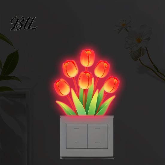 Night Glowing Sticker Glow-in-the-Dark Tulip Switch Sticker, Waterproof Floral Wall Decoration Decal, Peel Removable and Stick Light for Bedroom