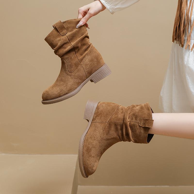 Модные западные ботинки на наборном каблуке Женские модные ботинки до середины икры на массивном каблуке Женская обувь весна-осень Однотонные ретро боты