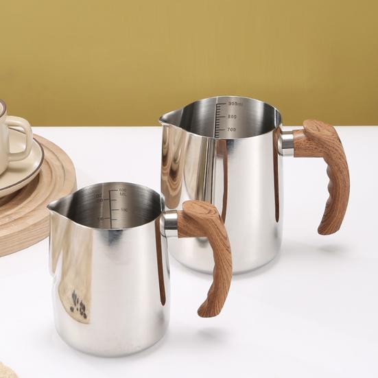 600/1000ML Milk Frothing Pitcher with Precise Scale Wooden Handle Dripless Spout Stainless Steel Latte Coffee Cup Milk