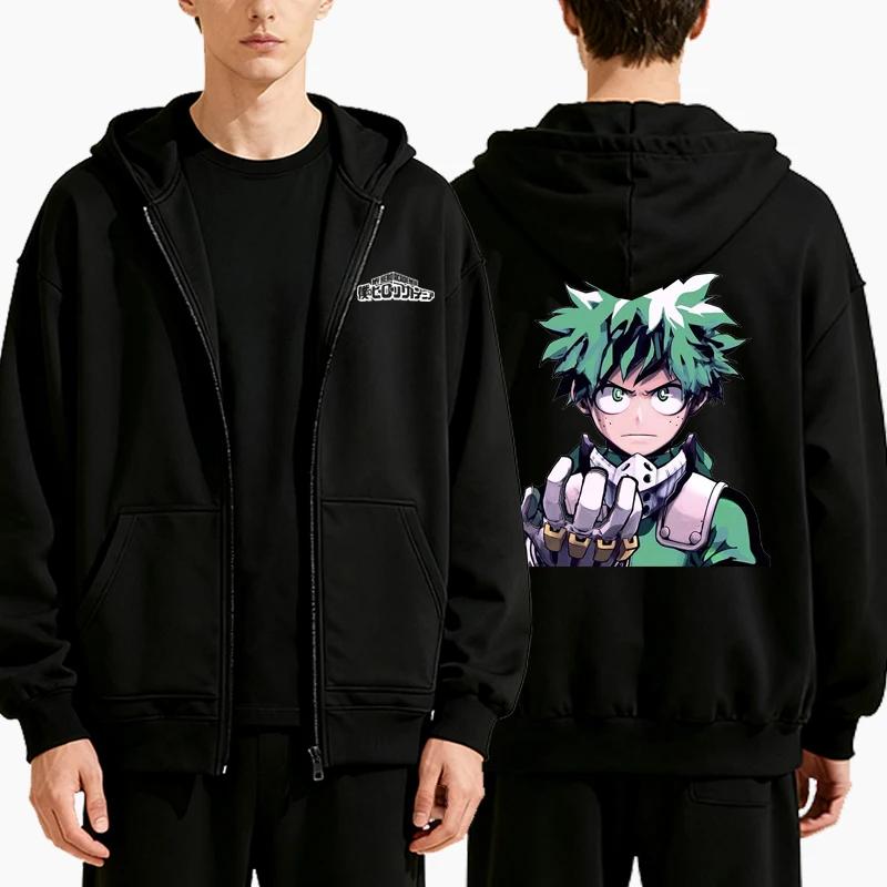 Мужская Мода Повседневная Аниме Принт Толстовка на Молнии Осень Зима Мужская Панк Толстовка с Длинным Рукавом Флисовая Толстовка на Молнии