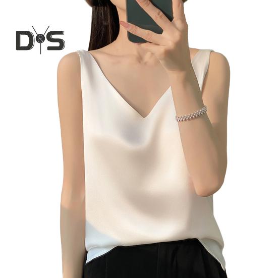 Женский жилет с V-образным вырезом без рукавов, однотонные топы свободного кроя из гладкого атласа, универсальная повседневная одежда