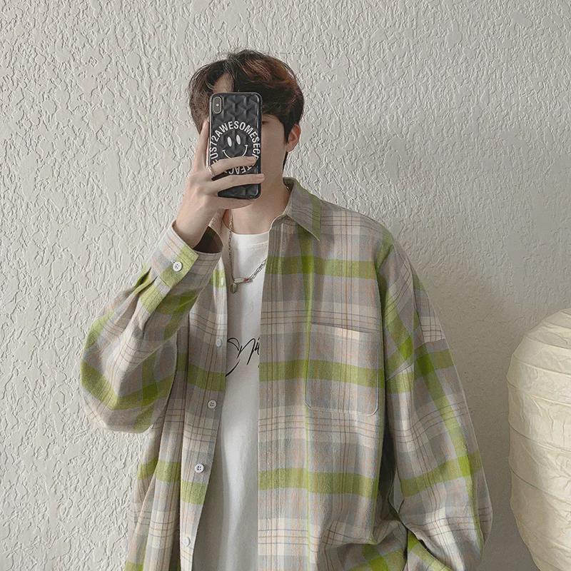Мужская летняя рубашка из шелка Ice Silk с длинными рукавами в клетку — модный свободный топ с защитой от солнца для пар