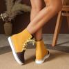 Yellow Color Leather  Shoelace Lace-Up Women Casual Sports Shoes Round Toe High-Top Sneakers Female Flat Sole Zapatillas New